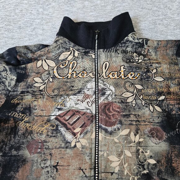 Jess & Jane Jacket Womens XL Artsy Zip Rhinestone Chocolate Sweater Dark Floral - Picture 3 of 9